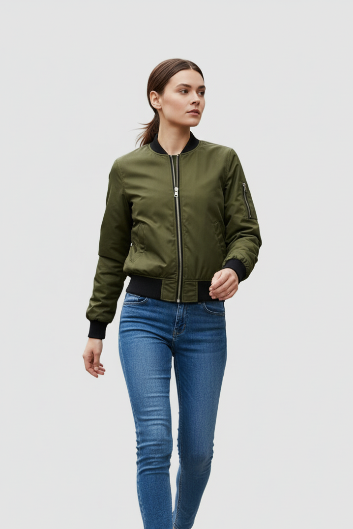 Woman wearing a green bomber jacket and blue jeans on a white background