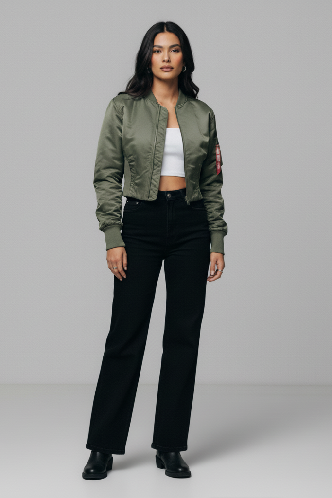 Woman wearing a green bomber jacket with a brand logo on a gray background