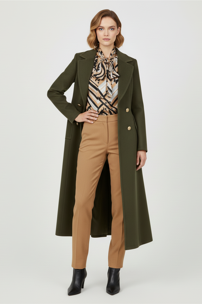 Woman wearing a green coat, patterned blouse, and tan pants on a white background
