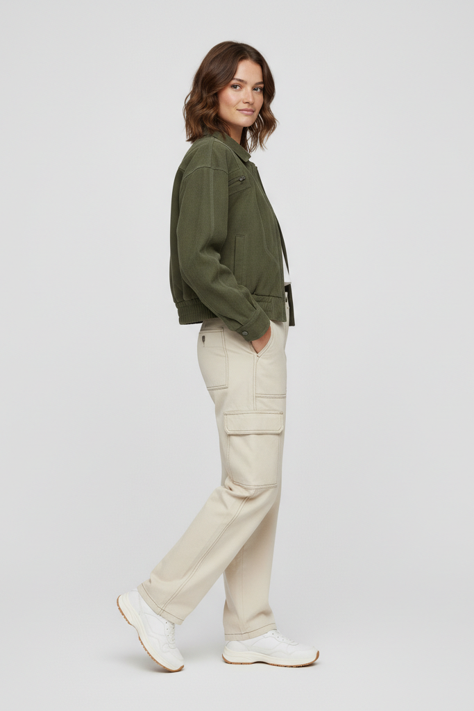 Woman wearing a green jacket and beige pants on a white background