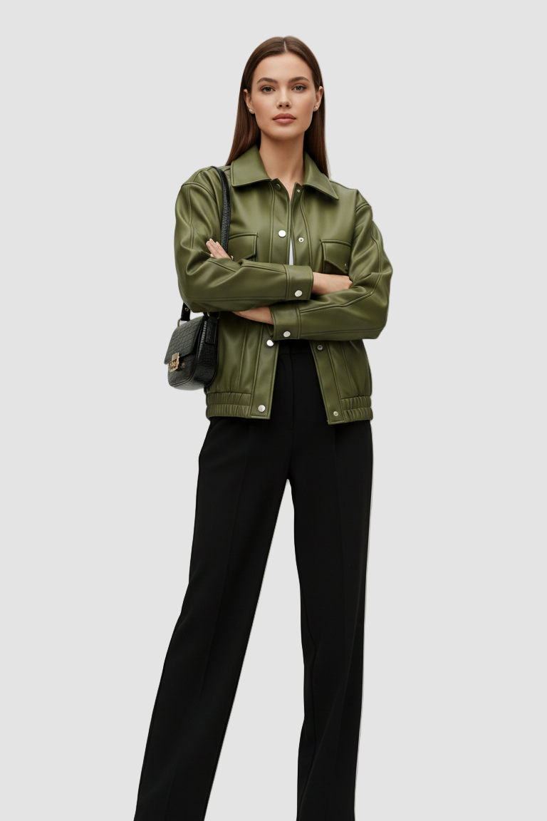 Woman wearing a green jacket and black pants on a gray background