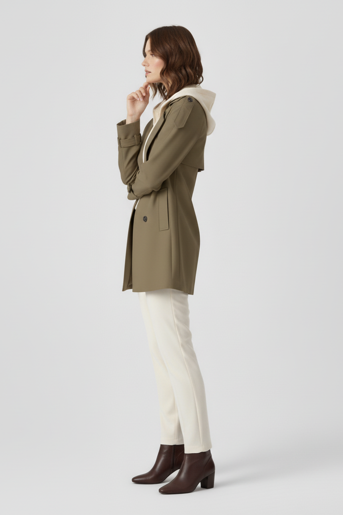 Woman wearing a green jacket, white pants, and brown boots on a light gray background