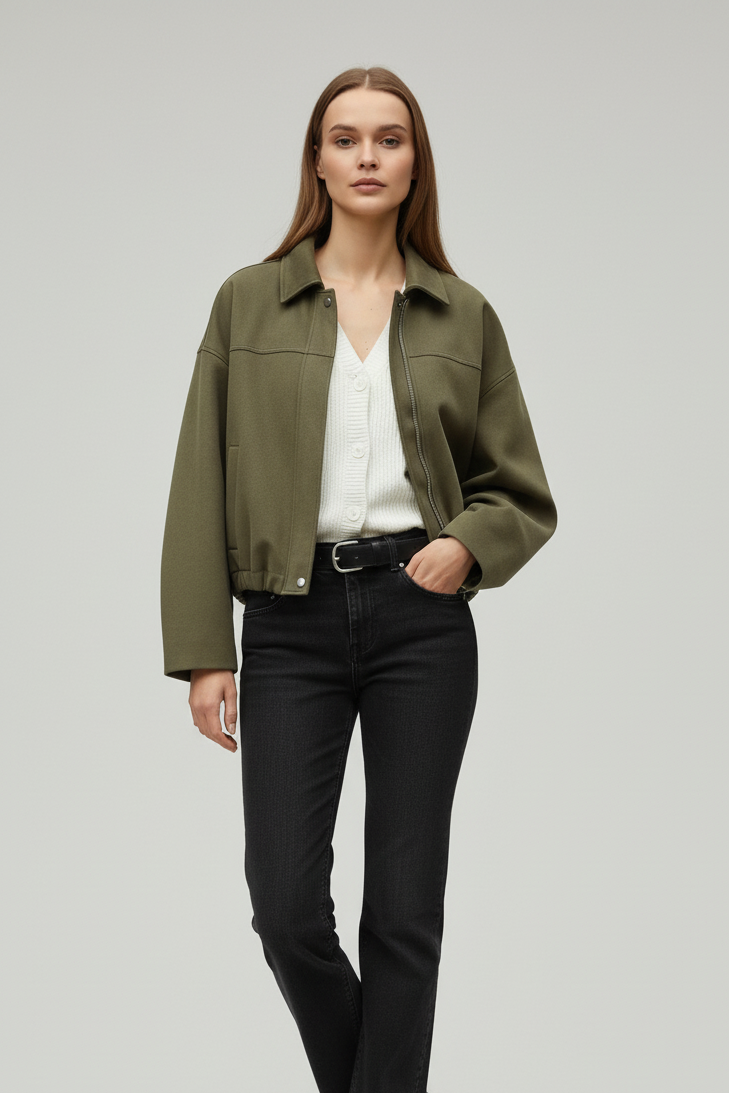 Woman wearing a green jacket, white shirt, black pants, and black shoes on a gray background