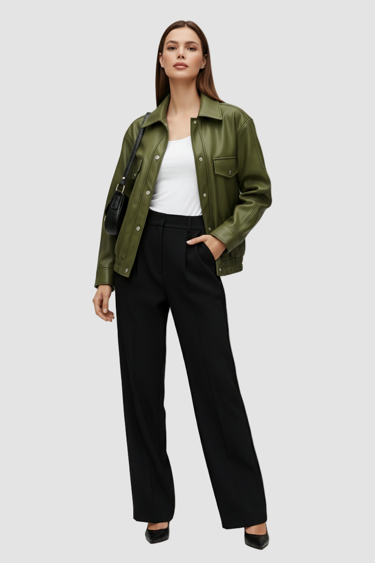 Woman wearing a green jacket, white top, and black pants on a gray background