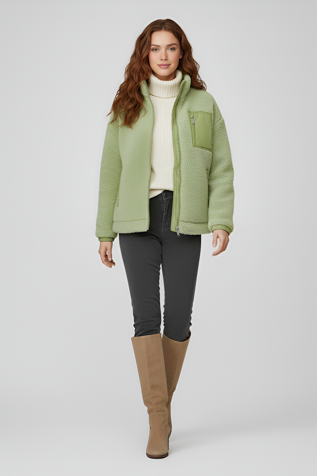 Woman wearing a green jacket, white turtleneck, black pants, and brown knee-high boots on a light gray background