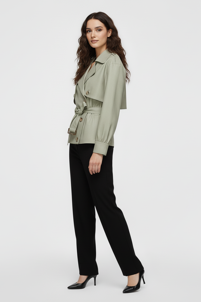 Woman wearing a green trench coat and black pants on a white background