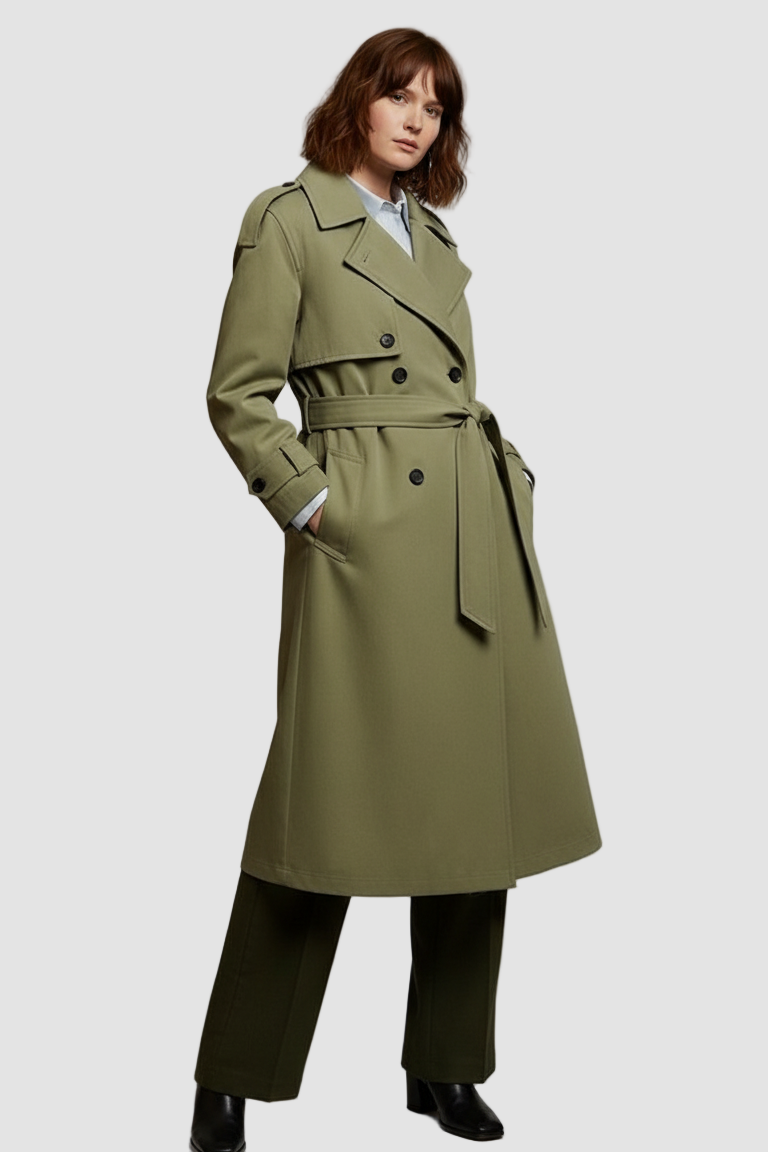 Woman wearing a green trench coat on a plain background