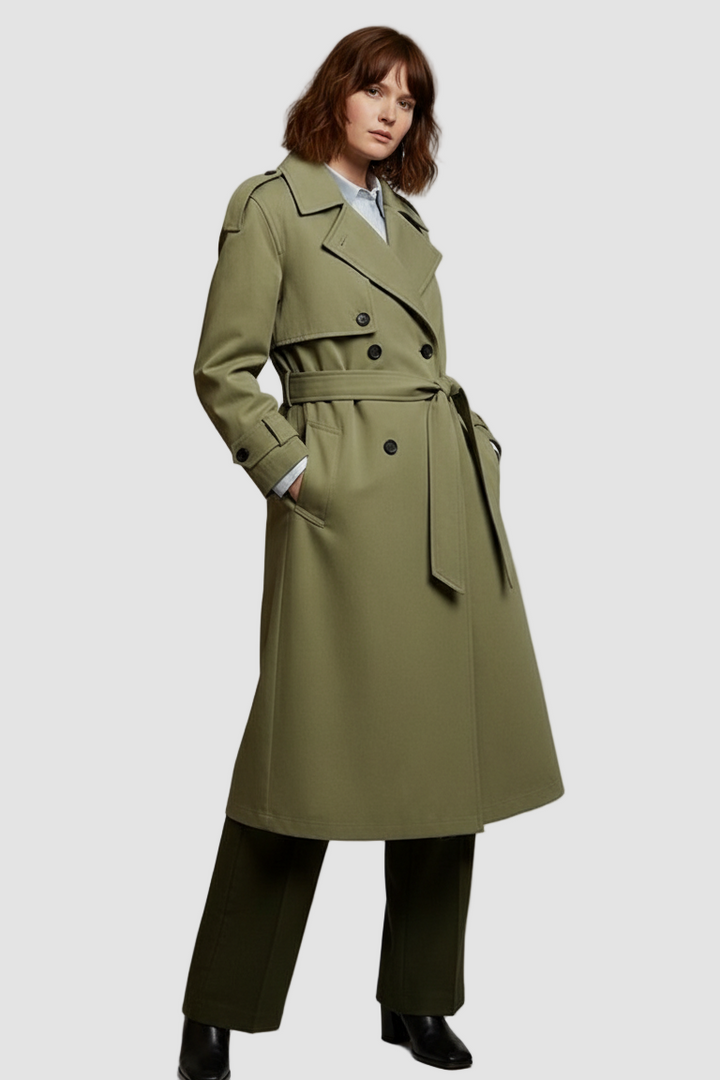 Woman wearing a green trench coat on a plain background