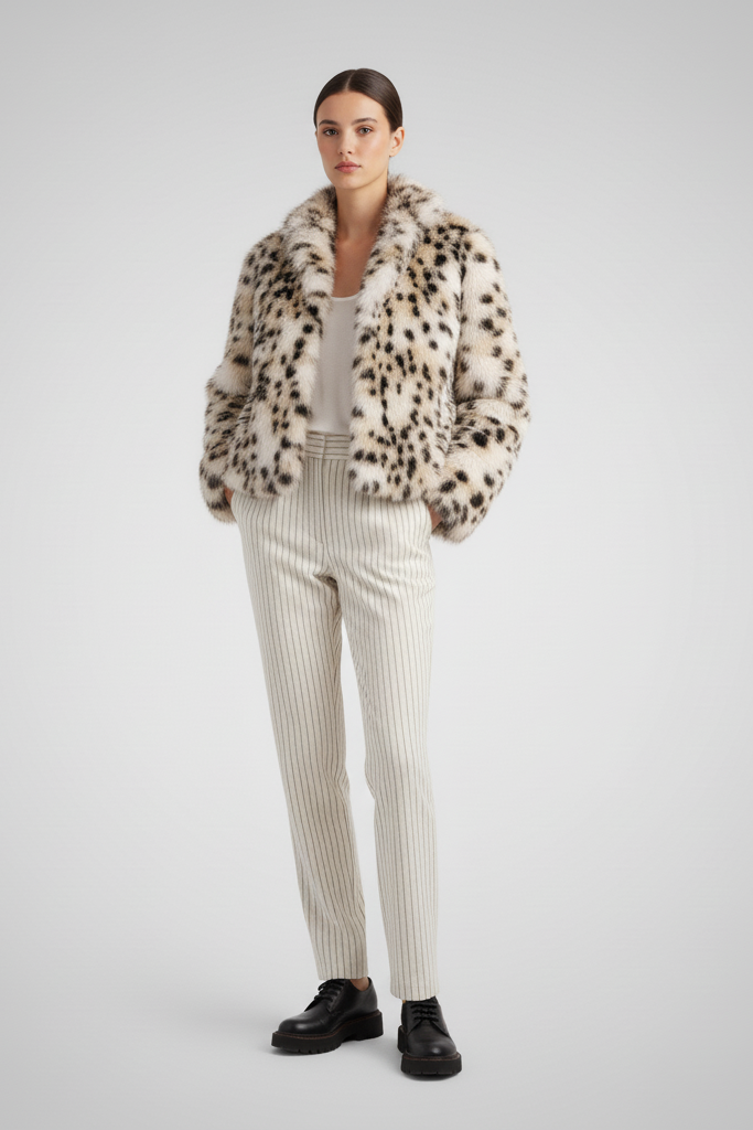 Woman wearing a leopard print fur coat standing on a street.