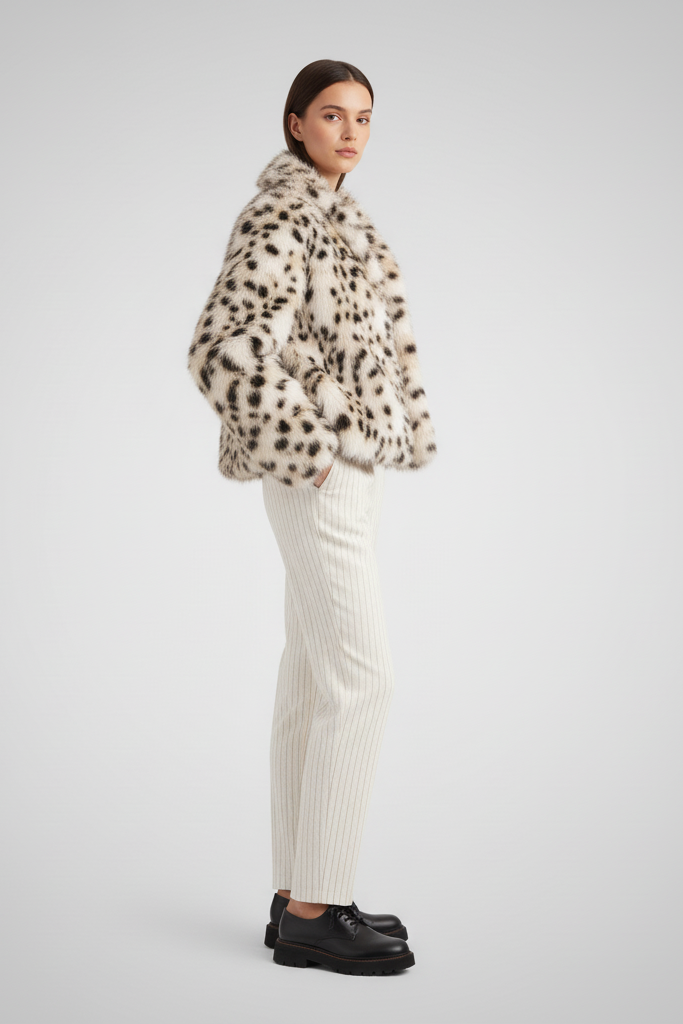 Woman wearing a leopard print coat standing on a city street.