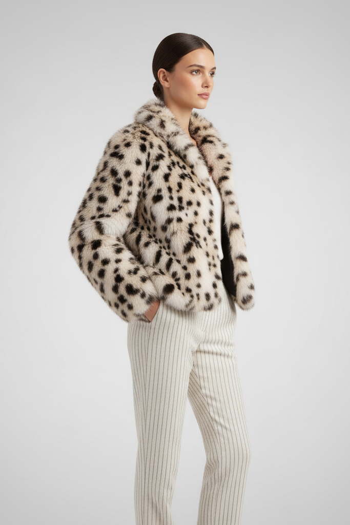 Woman wearing a leopard print fur coat in an urban setting