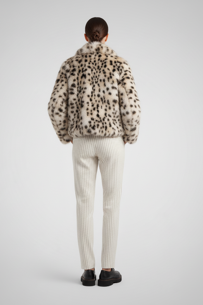 Woman wearing a leopard print fur coat standing on a street.