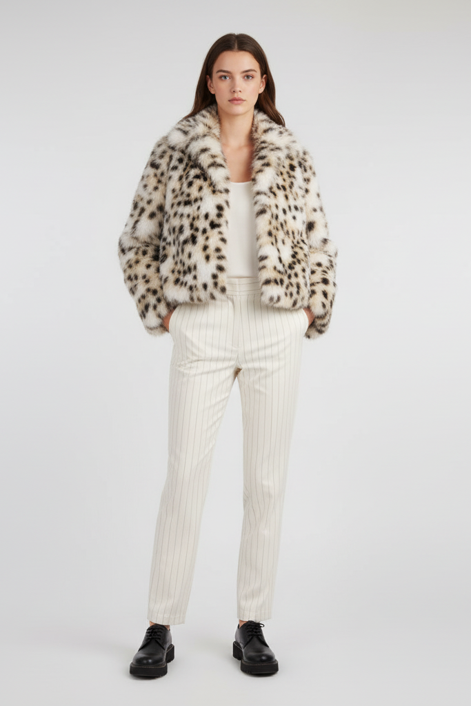 Woman wearing a leopard print fur coat in an urban setting