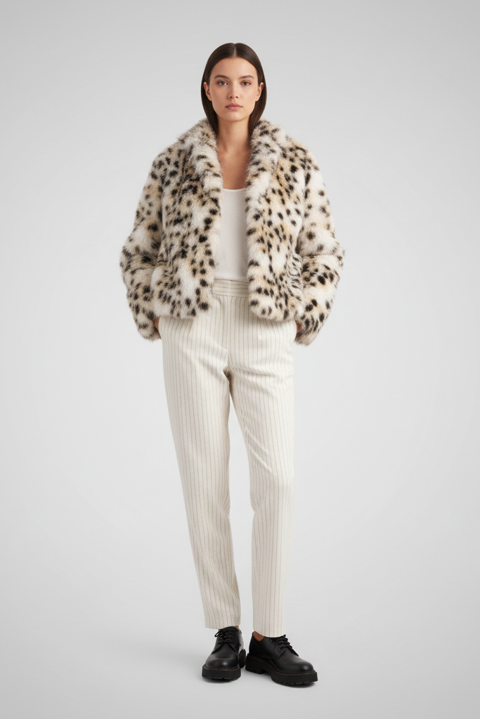 Woman wearing a leopard print fur coat standing on a street.