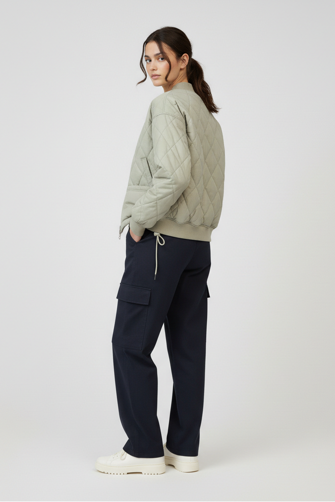 Woman wearing a light green jacket and dark blue cargo pants on a white background