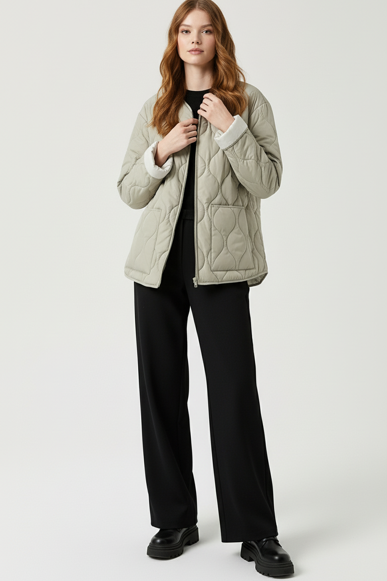 Woman wearing a light green quilted jacket on a white background