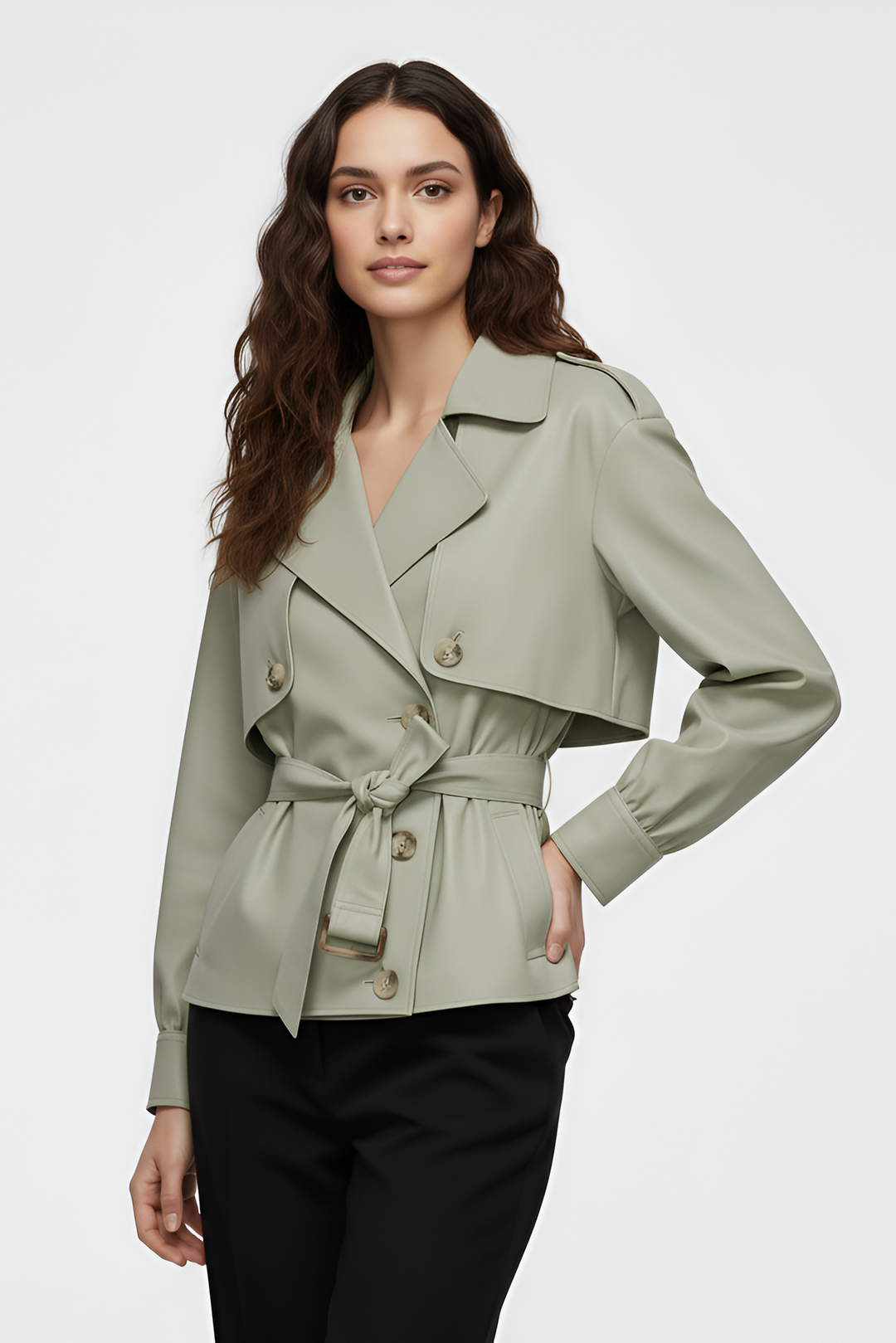 Woman wearing a light green trench coat on a white background