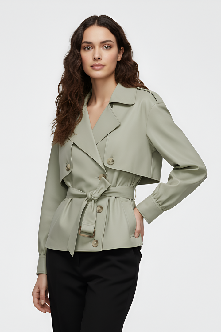 Woman wearing a light green trench coat on a white background