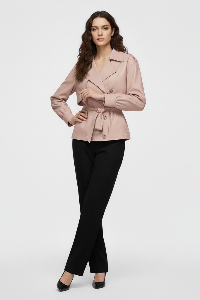 Woman wearing a light pink blazer and black pants on a white background