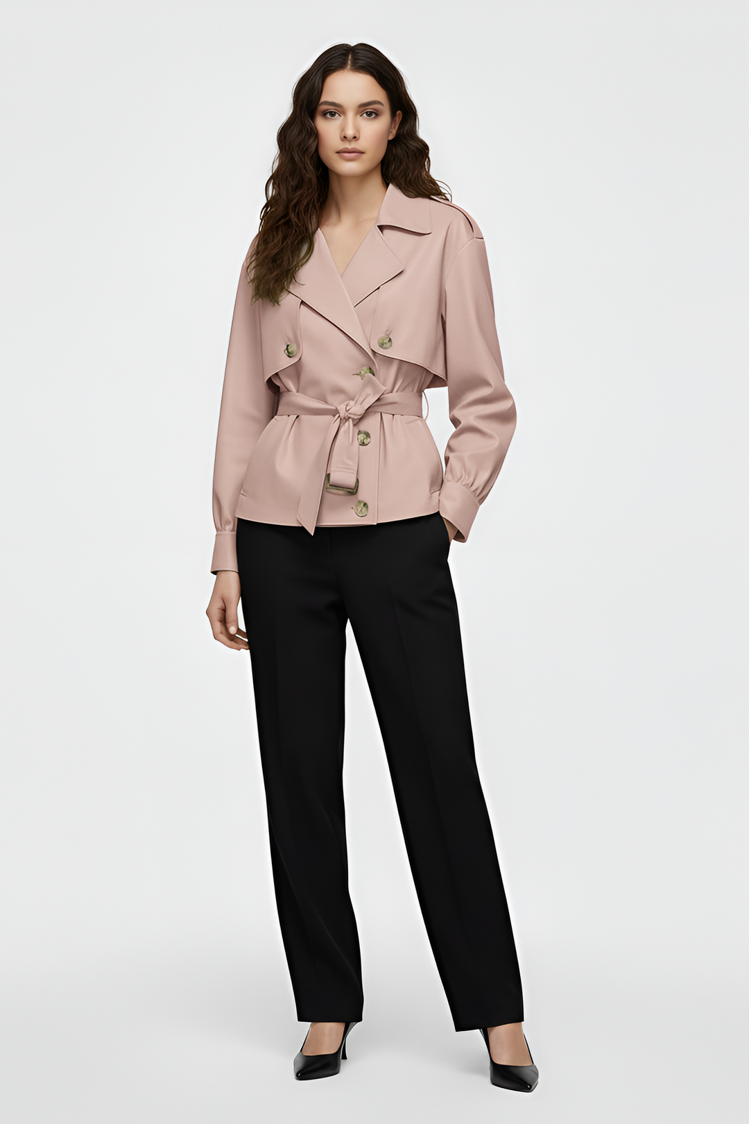 Woman wearing a light pink jacket and black pants on a white background