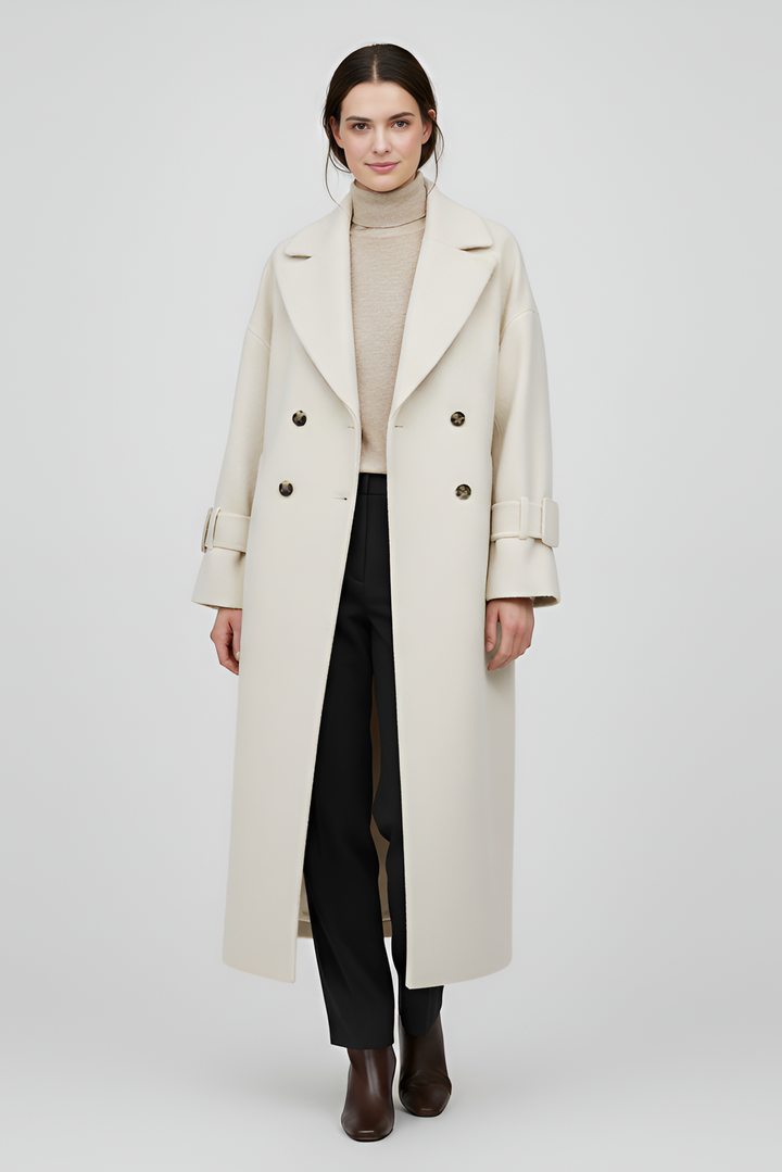 Woman wearing a long beige coat on a white background