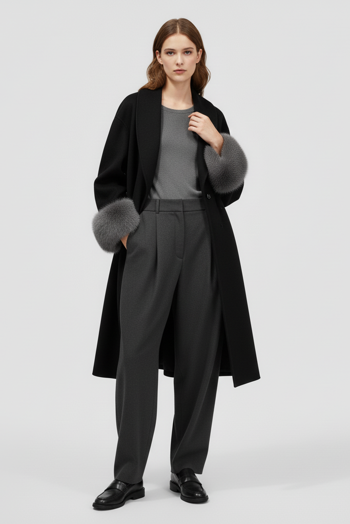 Woman wearing a long black coat with fur trim on a white background