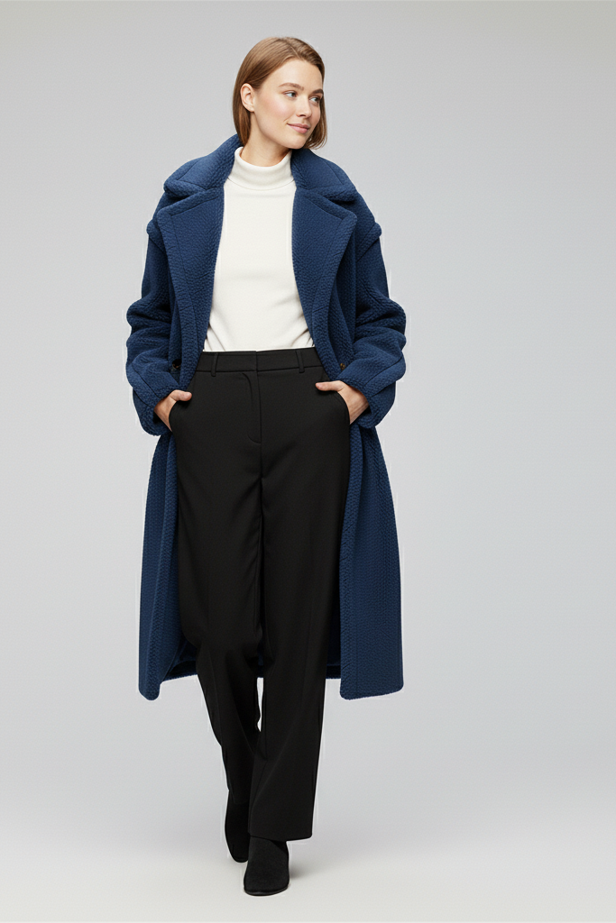 Woman wearing a long blue coat on a plain background