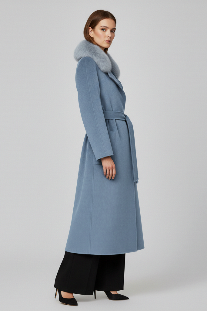 Woman wearing a long blue coat with a fur collar on a light gray background
