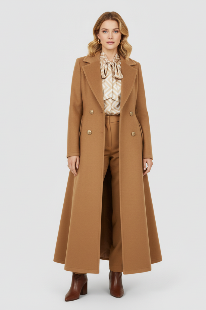 Woman wearing a long brown coat and matching pants on a white background