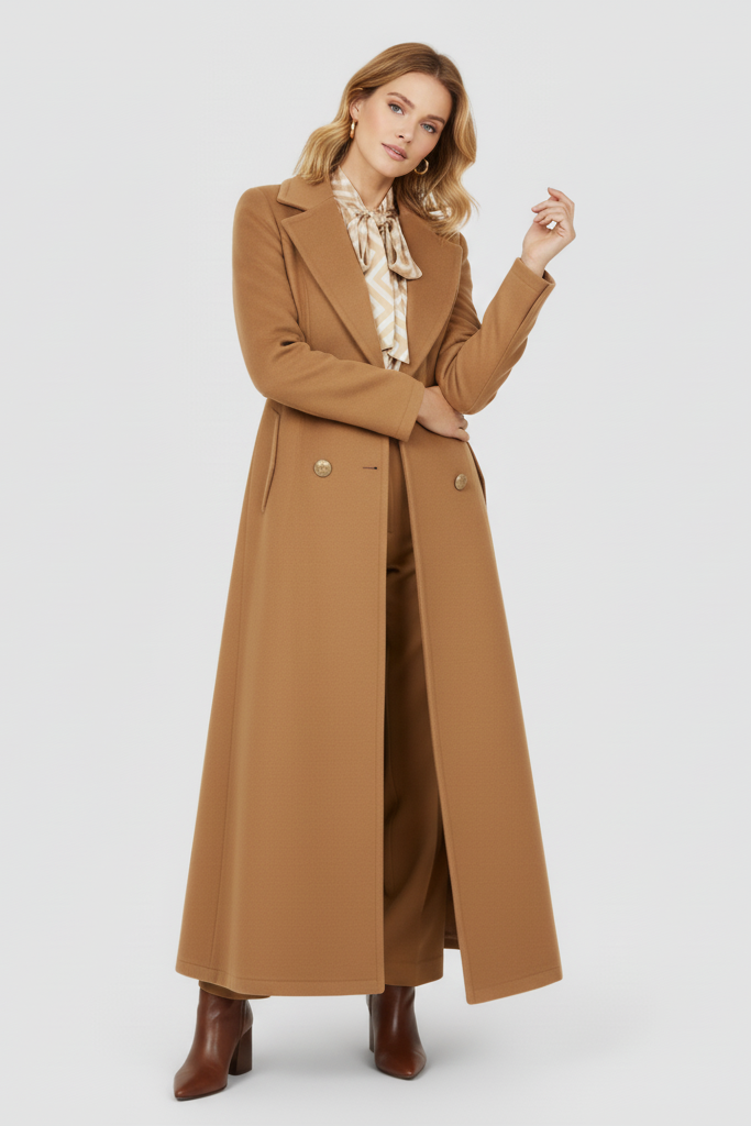 Woman wearing a long brown coat on a white background