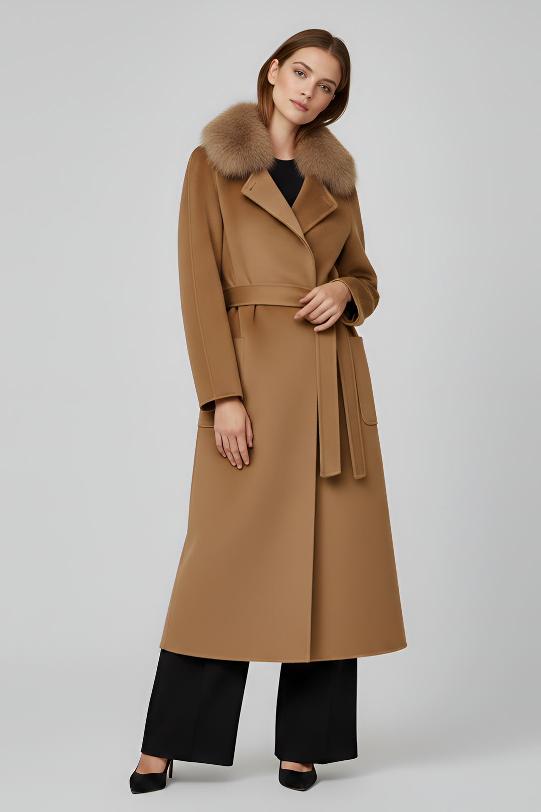 Woman wearing a long brown coat with fur collar on a light gray background