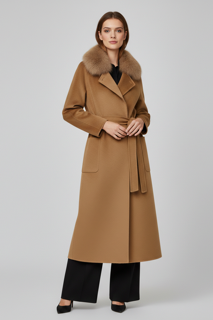 Woman wearing a long brown coat with fur collar on a white background