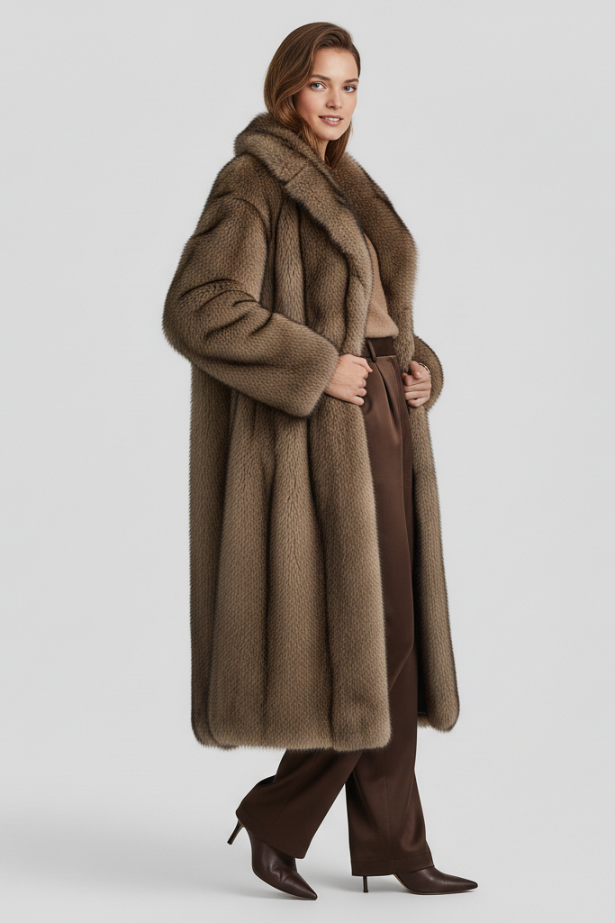 Woman wearing a long brown fur coat on a light gray background