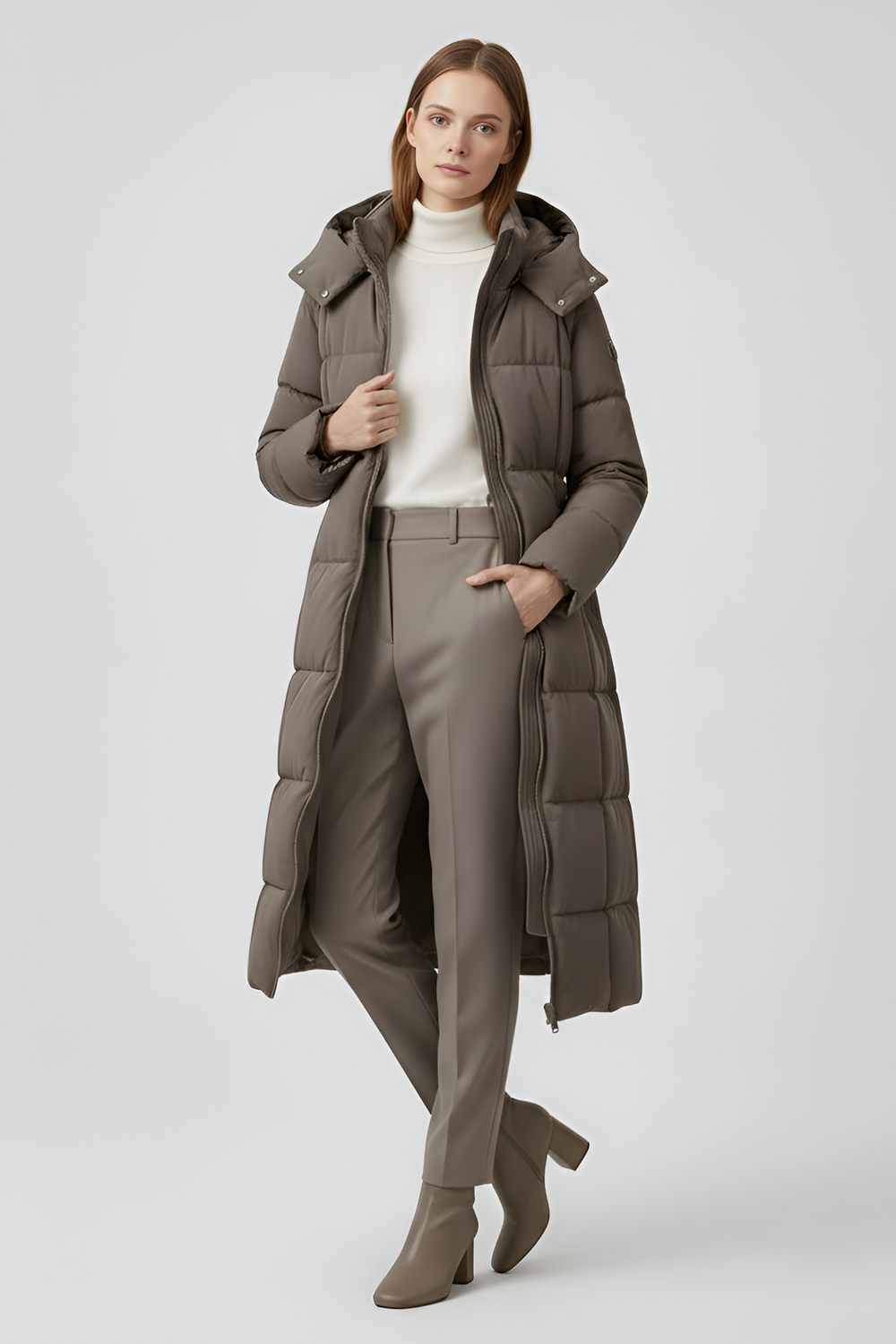 Woman wearing a long brown puffer coat on a white background