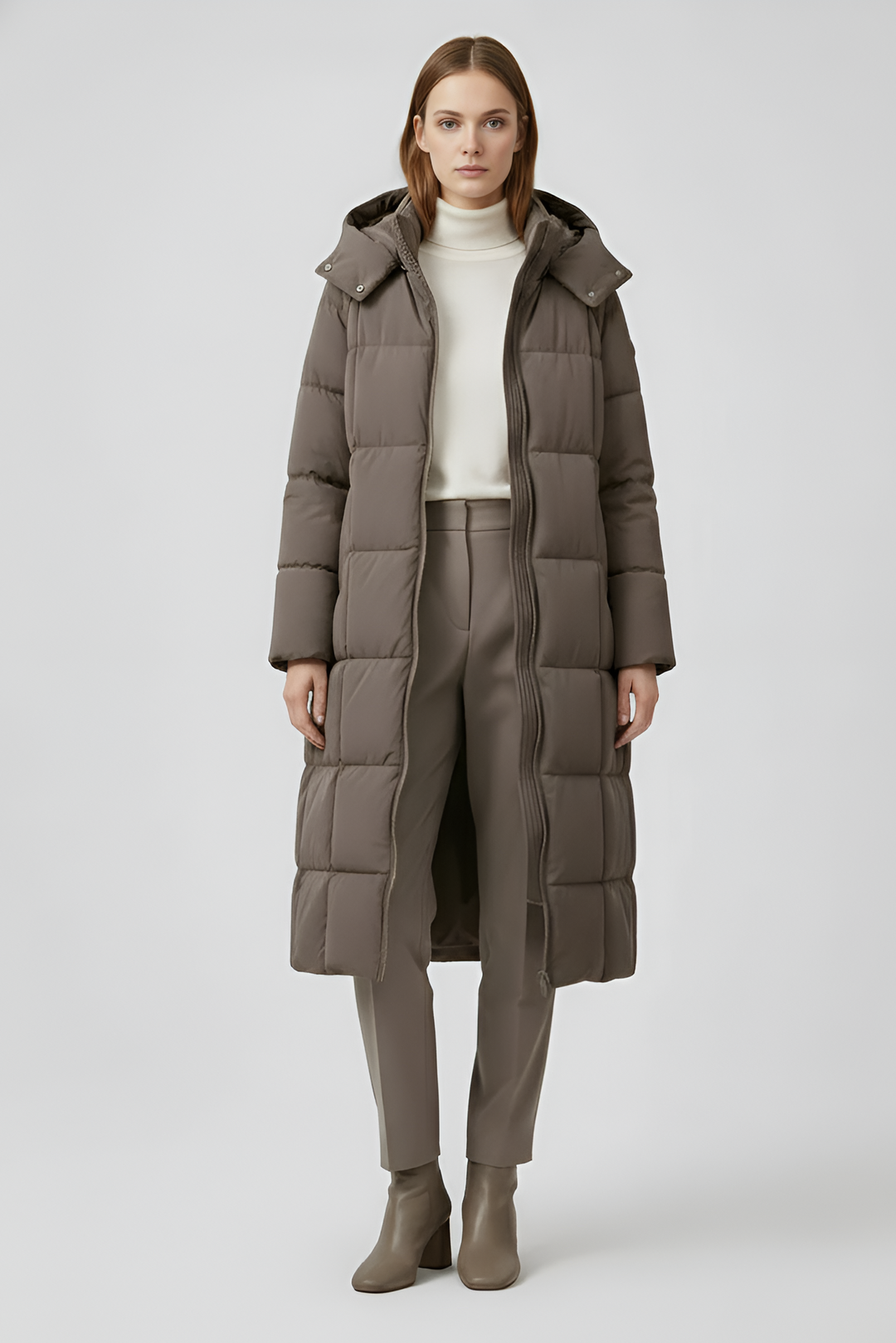 Woman wearing a long brown puffer coat on a white background