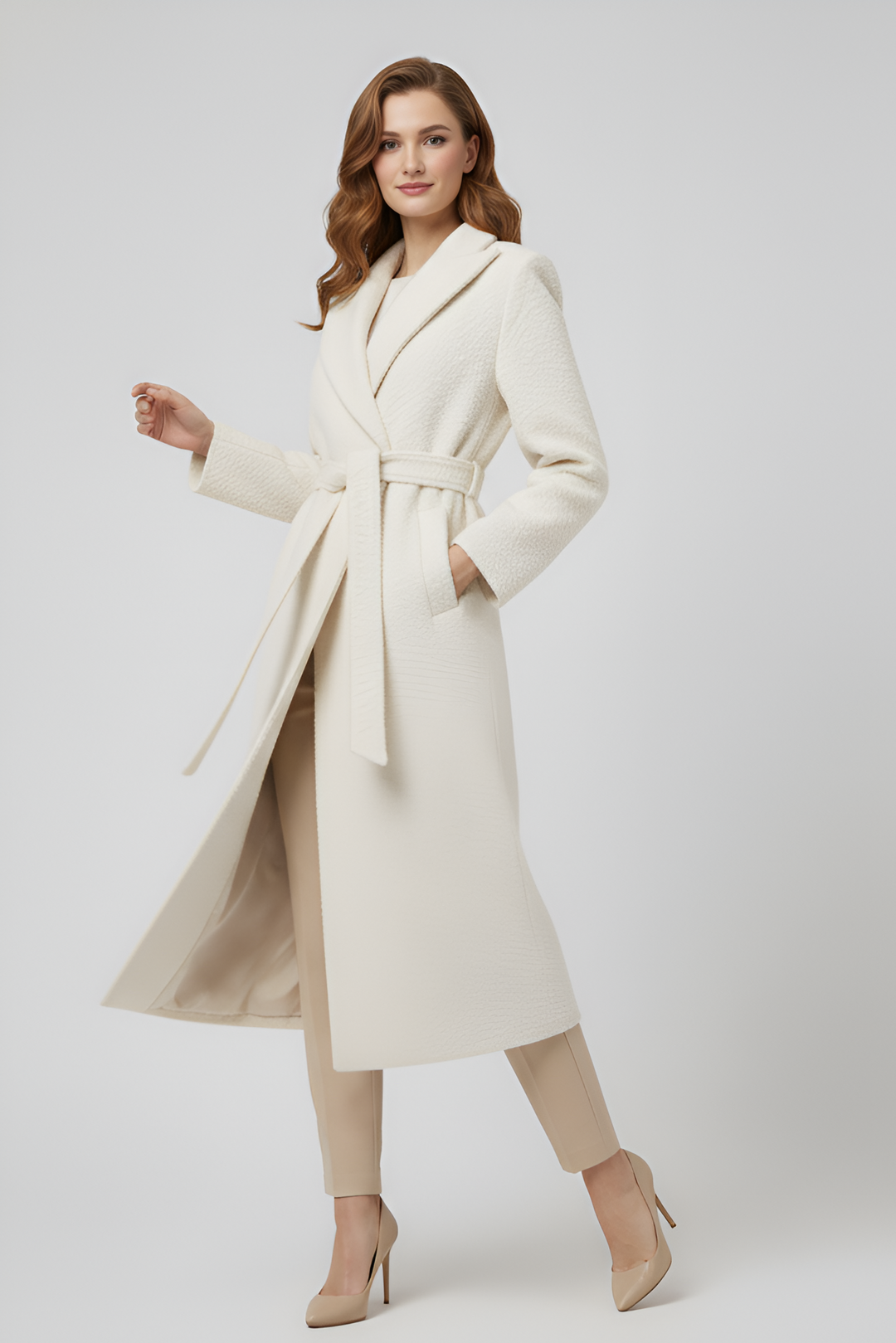 Woman wearing a long cream coat on a white background