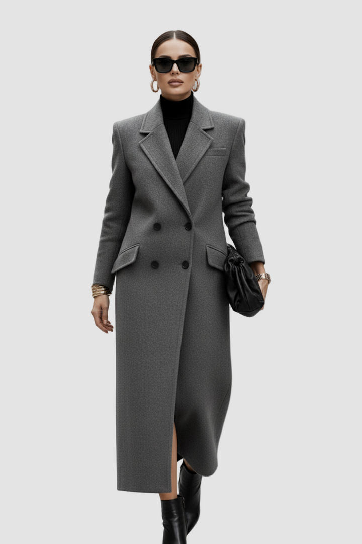 Woman wearing a long gray coat on a plain background