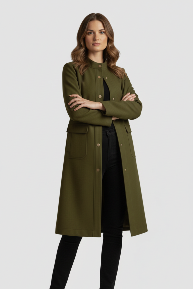Woman wearing a long green coat on a white background