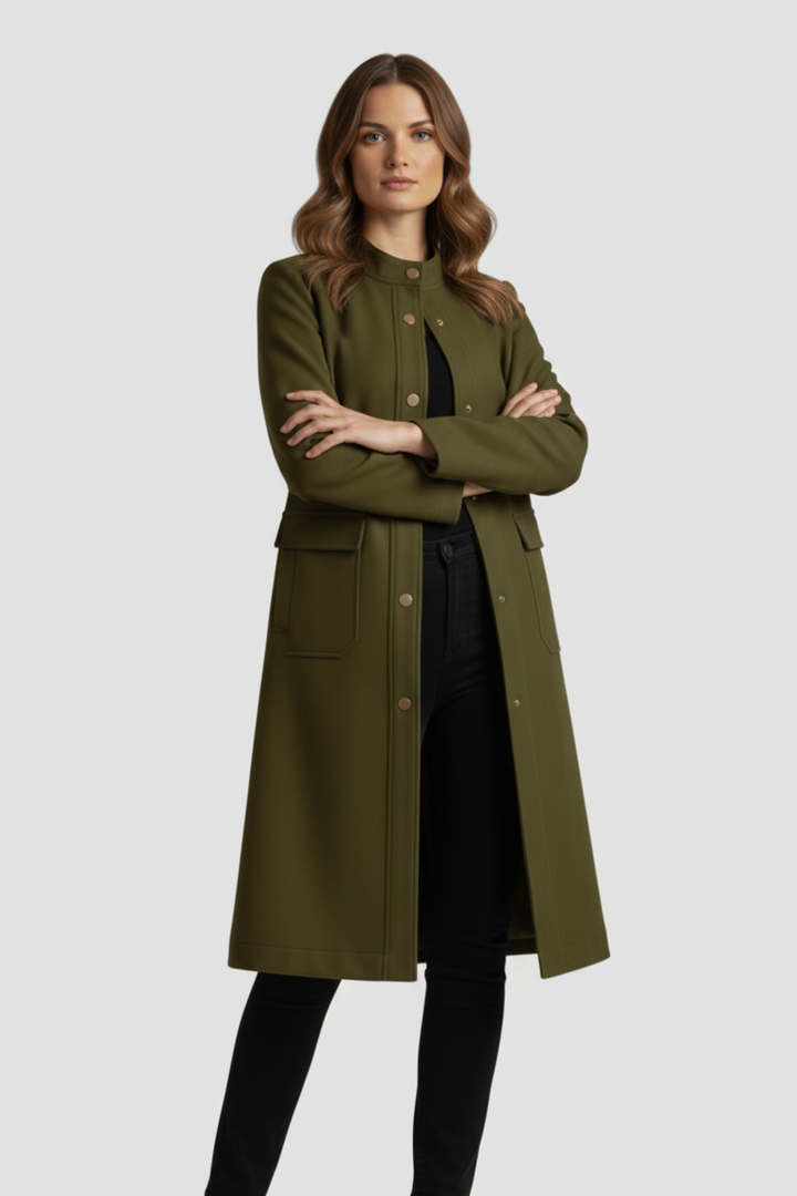 Woman wearing a long green coat on a white background