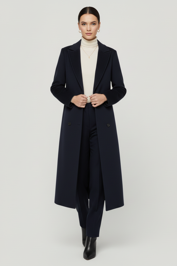 Woman wearing a long navy coat on a light gray background