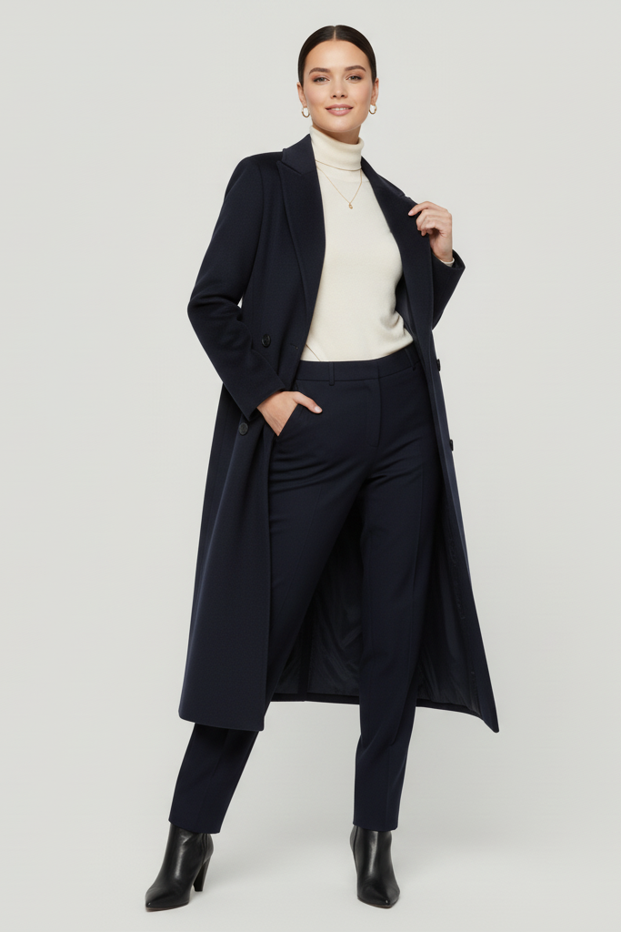 Woman wearing a long navy coat over a white turtleneck and dark pants on a light gray background