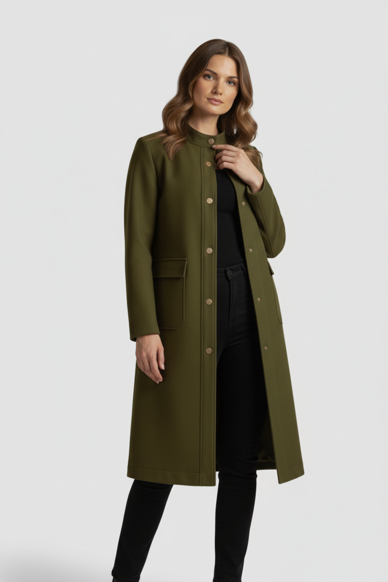 Woman wearing a long olive green coat on a white background