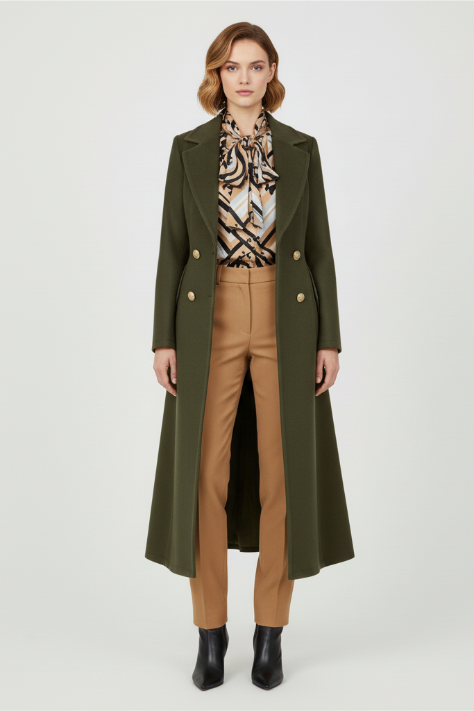 Woman wearing a long olive green coat over a patterned top and brown pants on a white background