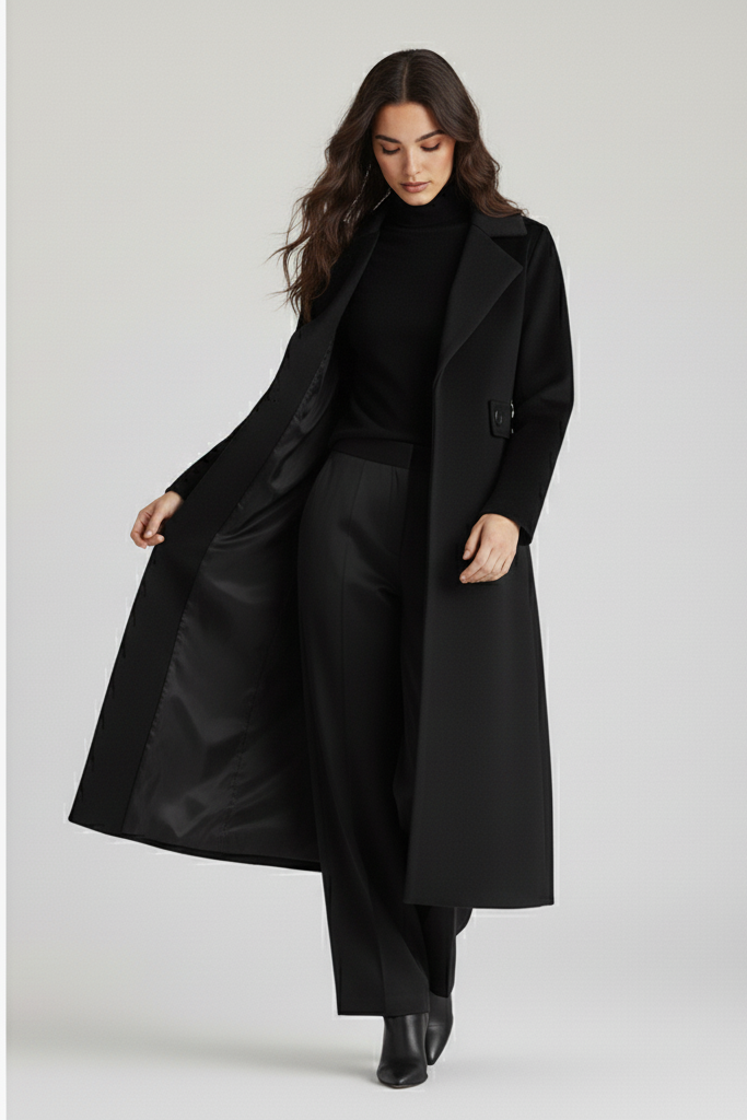 Woman wearing a long black coat on a white background