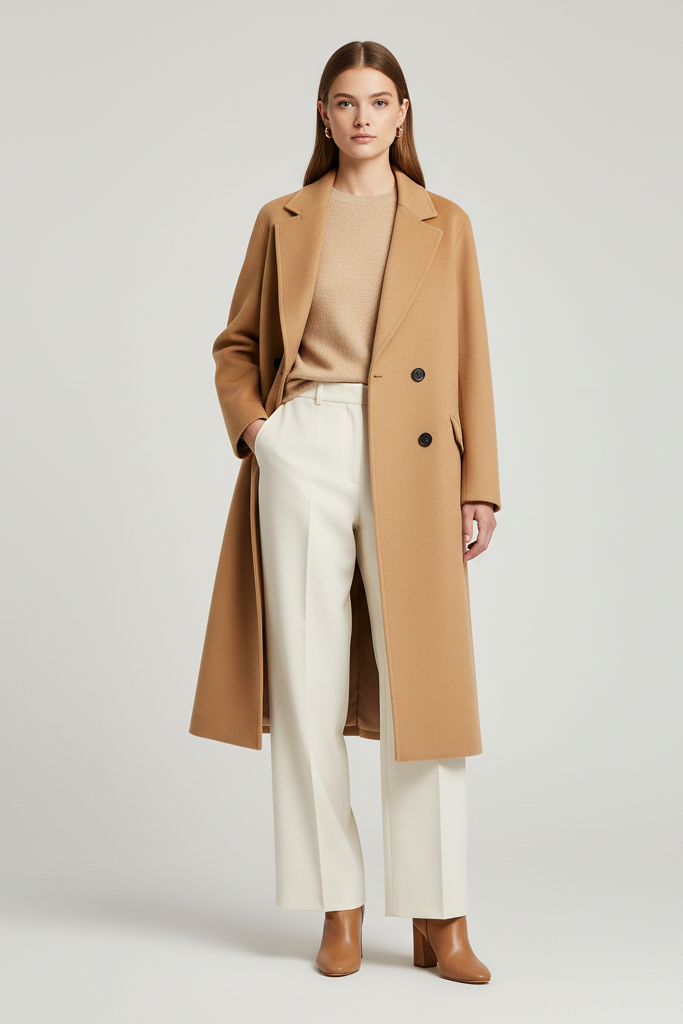 Woman wearing a long tan coat over a beige sweater and white pants on a light gray background