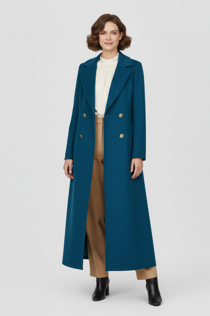 Woman wearing a long teal coat on a light gray background