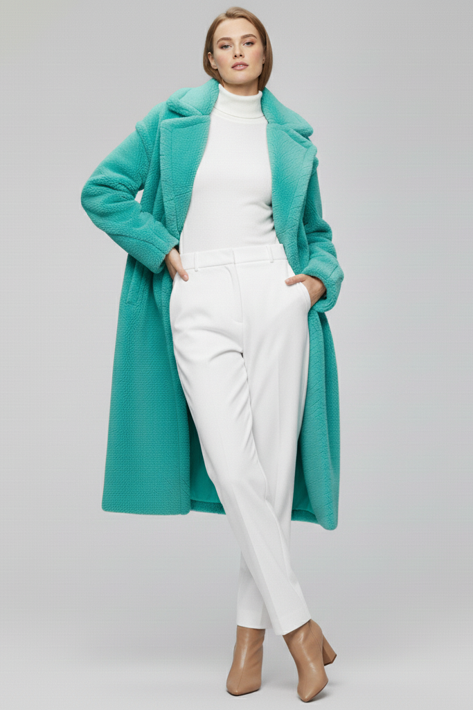 Woman wearing a long teal coat over a white outfit on a gray background