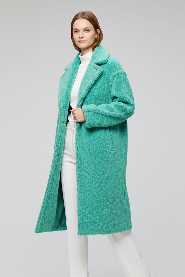 Woman wearing a long teal coat over a white outfit on a plain background