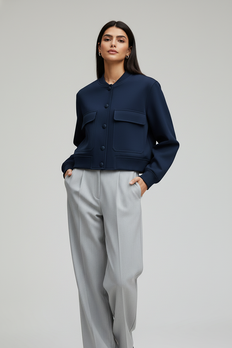 Woman wearing a navy jacket and light gray pants on a white background