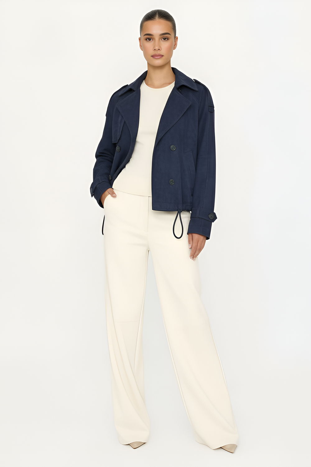 Woman wearing a navy jacket over a white top and pants on a light gray background